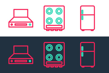 Poster - Set line Refrigerator, Kitchen extractor fan and Gas stove icon. Vector