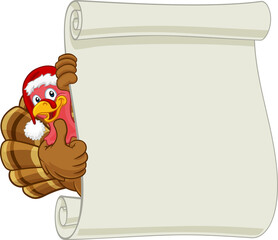 Wall Mural - A turkey bird in a Santa hat cartoon Christmas character with a scroll sign background illustration