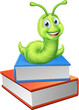 A cute caterpillar bookworm worm cartoon character education mascot on top of a stack books