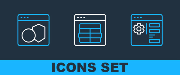 Set line Browser setting, Software and MySQL code icon. Vector