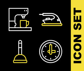 Poster - Set line Electric iron, Clock, Rubber plunger and Coffee machine icon. Vector