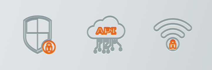 Set line Wifi locked, Shield security with and Cloud api interface icon. Vector