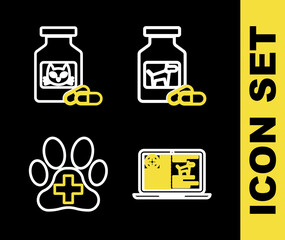 Sticker - Set line Dog medicine bottle and pills, Clinical record dog on laptop, Veterinary clinic and Cat icon. Vector