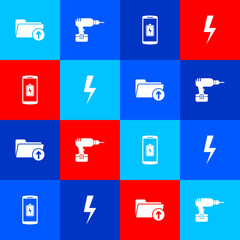 Wall Mural - Set Download arrow with folder, Drill machine, Smartphone battery charge and Lightning bolt icon. Vector