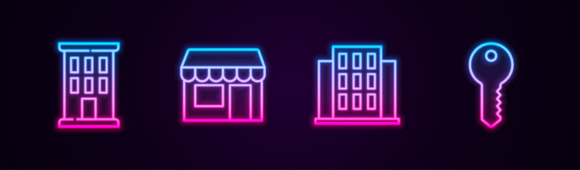 Wall Mural - Set line House, Market store, and key. Glowing neon icon. Vector