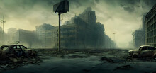Ruined cityscape with destroyed buildings. Digital art painting for book illustration,background wallpaper, concept art.