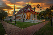 The Ubosot And The Chedi Of Wat Suwan Dararam Ayutthaya, Thailand At Sunset