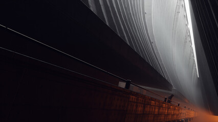 man standing at railing in concrete brutalist architecture interior
