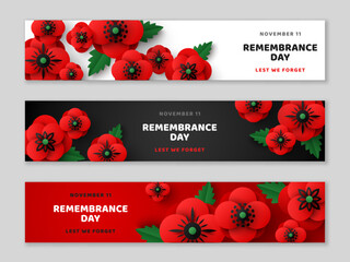 remembrance day horizontal banner set. memorial anzac card flyer, header or voucher template, paper 