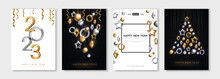 Merry Christmas And Happy New Year Posters Set, Hanging Gold Silver 3d Baubles, 2023 Numbers. Vector Illustration. Winter Holiday Flyer, Brochure Voucher Template. Minimal Geometric Decorations