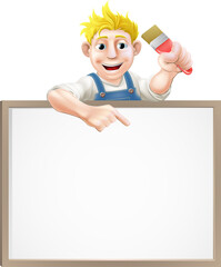 Wall Mural - A painter or decorator holding a paintbrush and peeking over a sign and pointing