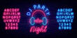 © Anastasia Gapeeva - Dj party night neon signboard. Headphones with sound waves. Glowing pink and blue alphabet. Vector stock illustration