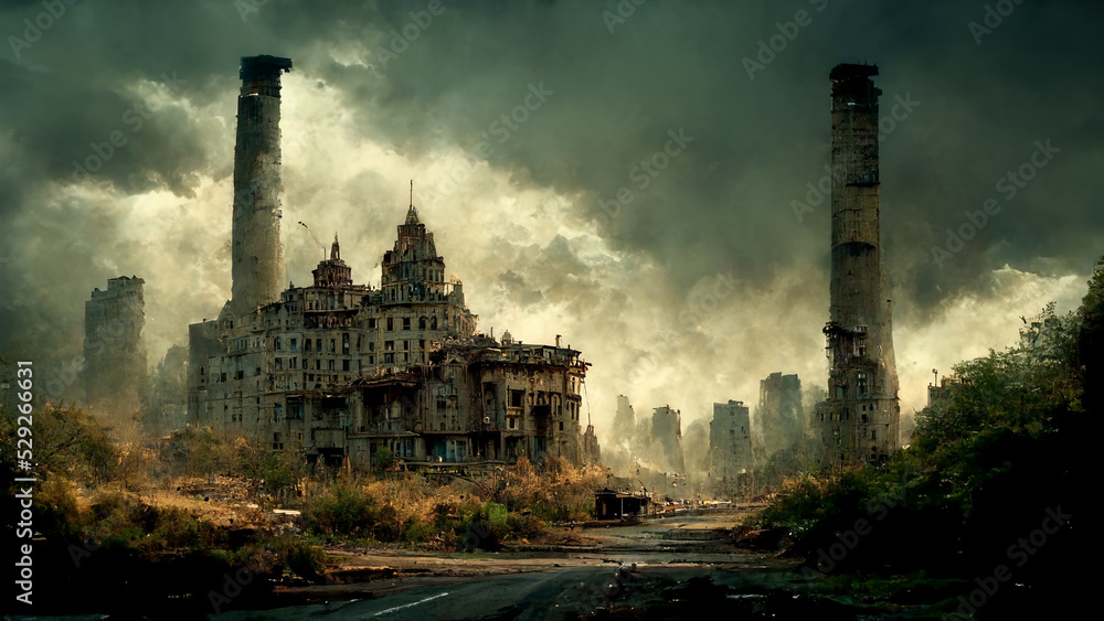 Concept art illustration of grim abandoned postapocalyptic city Stock ...