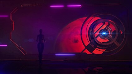 Wall Mural - robot aboard a spaceship in orbit of mars, 3d render