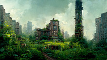 Concept Art Illustration Of Abandoned Postapocalyptic City Overgrown With Lush Vegetation