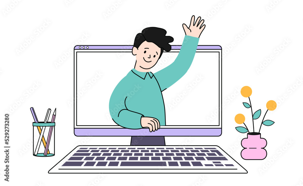 Man greets on the computer screen. Telecommuting concept. Remote ...
