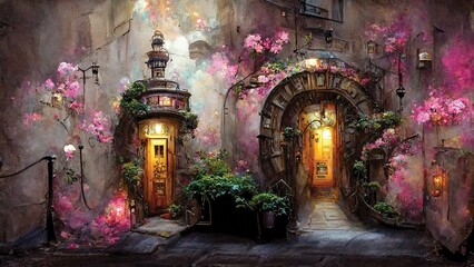 Wall Mural - city street with magic doors. fantasy art painting, digital art, printable wall art