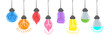 Set of random lamps hanging from above. Light bulbs icon concept of idea. Vector collection on white background. Contour line