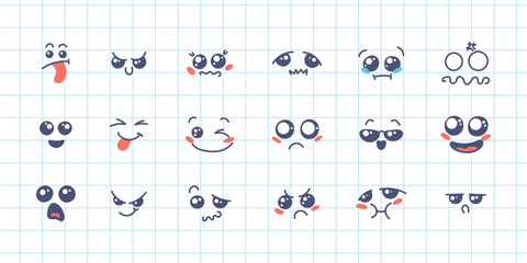 Various Cartoon Emoticons Set. Doodle faces, eyes and mouth. Caricature comic expressive emotions, smiling, crying and surprised character face expressions