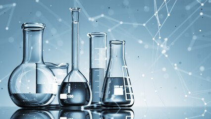 Wall Mural - glass chemistry lab equipment on blue background. chemistry lab concept. 3d
