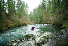 Rear View Of Kayakers Paddling Through River In Forest