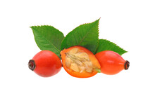 Isolated Whole And A Half Red Rose Hips With Green Leaves . PNG File With Transparent Background.