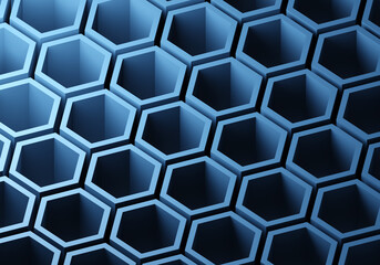 Background of hexagons. Blue honeycomb. 3D image
