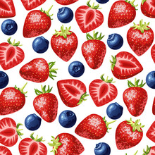 A pattern of juicy strawberries and blueberries