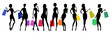 Silhouettes of women standing with shopping bags.