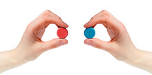 Hands Holding Red And Blue Pills Isolated On White Background. Choice Between Two Options, Truth, Reality And Illusion. Matrix, Conspiracy Concept.