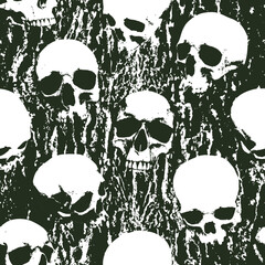 Wall Mural - Seamless pattern with sinister human skulls on background of stone texture. vector background with realistic skulls and paint spots in grunge style. Graphic print for wallpaper, wrappin