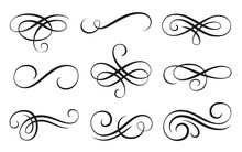 Calligraphic Swirl Ornament, Line Style Flourishes Set. Filigree Vignette Ornamental Curls. Decorative Design Elements For Menu, Certificate Diploma, Wedding Card, Invatation, Outline Text Divider