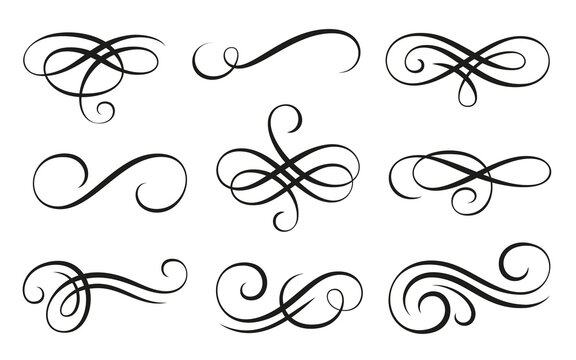 calligraphic swirl ornament, line style flourishes set. filigree vignette ornamental curls. decorati