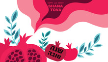 Rosh Hashanah , Shana Tova - Jewish New Year Holiday Banner Template Design. Pomegranate, Honey, Wine, Menorah, Candle, Star David, Apple, Shofar, Flower Vector Flat Icon Illustration 