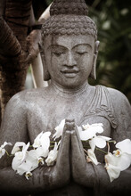 Close-up Of Flowers On Buddha Statue
