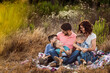 © Cavan Images - Happy family sitting on picnic blanket amidst field