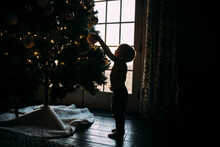 Side View Of Boy Decorating Christmas Tree While Standing At Home