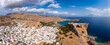 Ruins of Acropolis of Lindos view from above, Rhodes, Dodecanese Islands, Greek Islands, Greece. Acropolis of Lindos, ancient architecture of Rhodes, Greece.