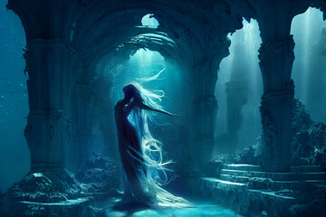 atlantis underwater scene, the magic ocean lady, beautiful young woman with long hair on the ground 
