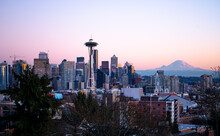 Seattle Space Needle, And Skyline With Mt. Rainier In View At Sunset