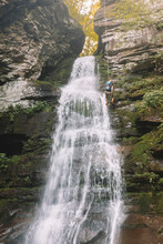 Man Rappels Waterfall In The Catskills, New York