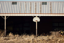 Basketball Hoop And Backboard On Exterior Of Shed On A Midwestern Farm