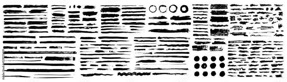 Set of hand drawn grunge brush strokes, banners, stamp. Black ink ...