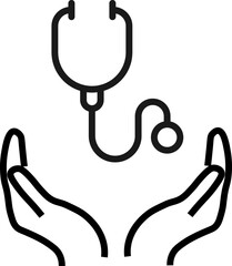 Wall Mural - Support, present and charity concept. Modern vector sign drawn with black thin line. Editable stroke. Vector line icon of stethoscope over outstretched hands