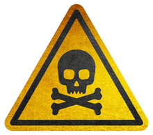Yellow Triangular Sign. Grungy Style Danger Sign With Skull And Cross Bones. Rusty. Warning. Caution. Hazard. Danger. Worn Out. 