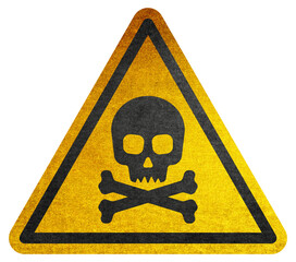 yellow triangular sign. grungy style danger sign with skull and cross bones. rusty. warning. caution