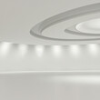 Modern white space interior with curve wall 3d render, There are glossy floor and ceiling decorate with hidden light.