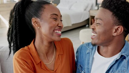 Wall Mural - Couple selfie, love and black couple sharing kiss during influencer streaming video for social media. Portrait and face of happy man and woman sharing picture on internet to show commitment and bond