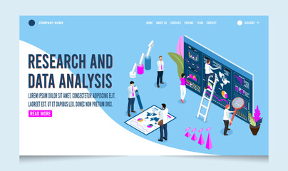 Modern 3d isometric design concept of Research and Data Analysis with business people team working with Data Visualization for website and mobile website. Vector Illustration eps10