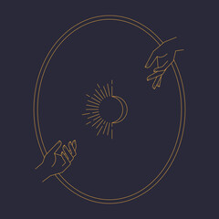 Wall Mural - astral celestial frame with stars, hands, sun, moon phases, and copy space. mystic design. ornate ma